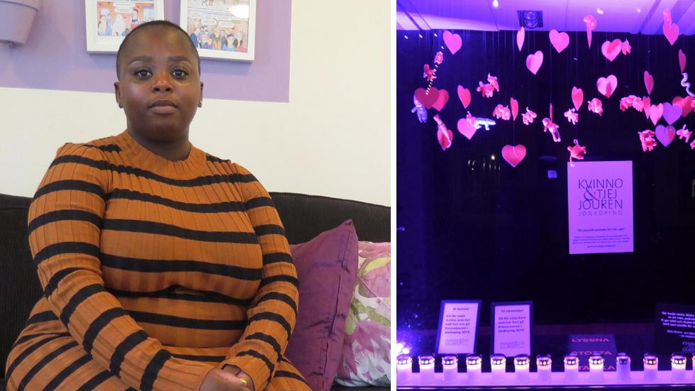 Tania Karanja, verksamhetschef på Kvinno- och tjejjouren i Jönköping. Jouren har lånat ett skyltfönster i centrala Jönköping under kampanjen ”En vecka fri från våld”. 16 gravljus symboliserar de kvinnor som dödades av en närstående man under förra året. 