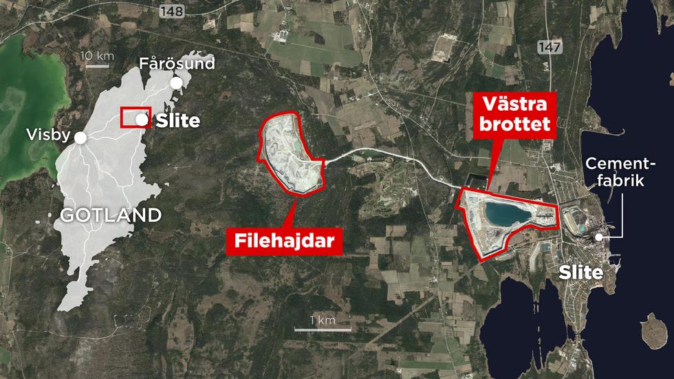 Kartan visar Heidelberg Materials kalkstensbrott Filehajdar och Västra brottet utanför Slite på Gotland.