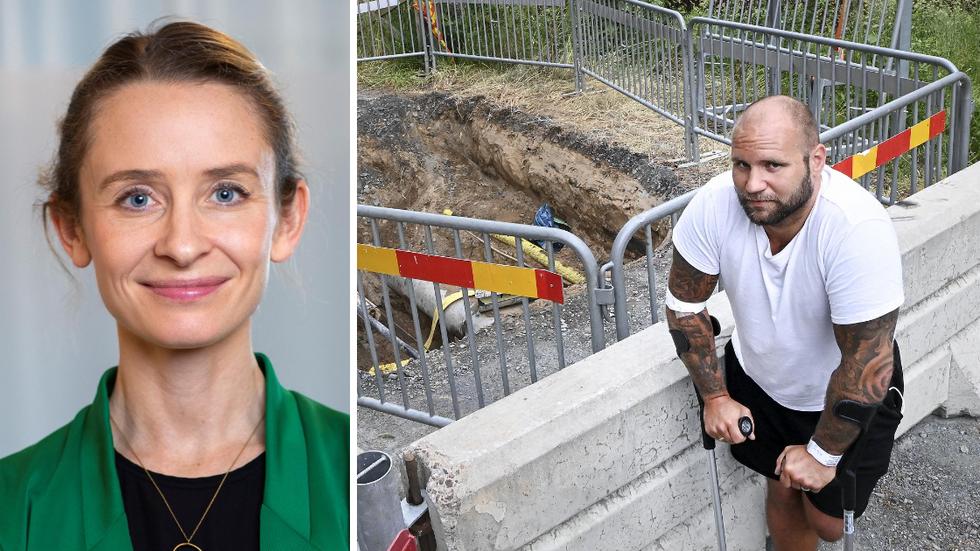 Till vänster: Jenny Sparring, jurist på Konsumenternas. Till höger: Tobias Rydberg strax efter olyckan, framför hålet som han föll ner i. 