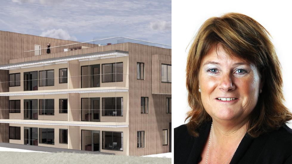 Lynn Carlsson (S), ordförande i tekniska nämnden samt en skiss av de trähus Junehem planerar att bygga i Kaxholmen. 