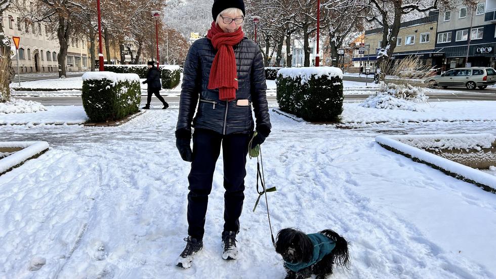 Åsa Pärson ar ute på långpromenad med hunden Moa, både två var lika glada att snön nu kommit.