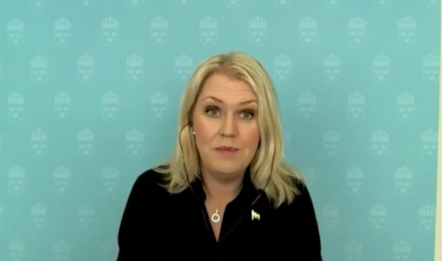 Lena Hallengren, socialminister. Bild från Expressens sändning från presskonferensen. 