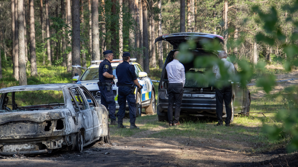 Bilen brann i ett skogsområde söder om Eksjö. 