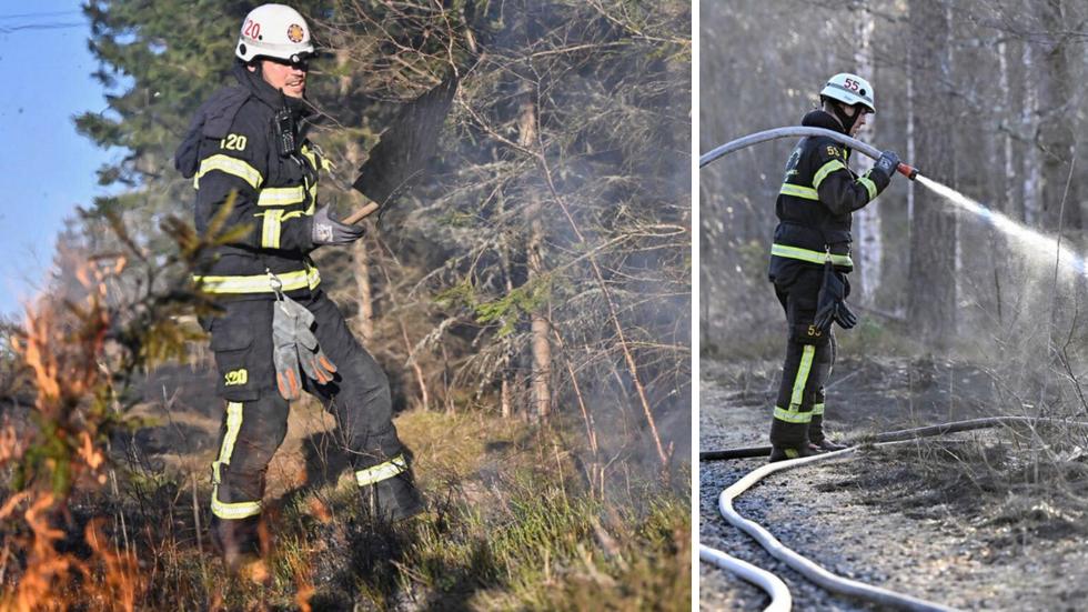 Räddningstjänsten släcker vad som visat sig vara flera bränder intill Norra Vixen utanför Eksjö. FOTO: Mikael Fritzson