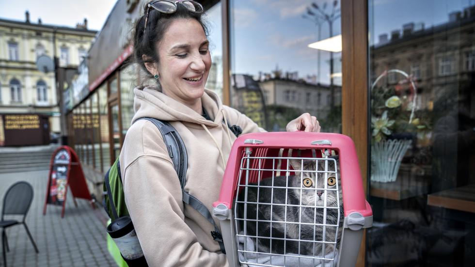 Lilija Smusenko och katten Zenja flydde från Kiev efter att i flera dagar ha gömt sig i skyddsrum. Men trots att kriget fortfarande pågår har de valt att återvända.