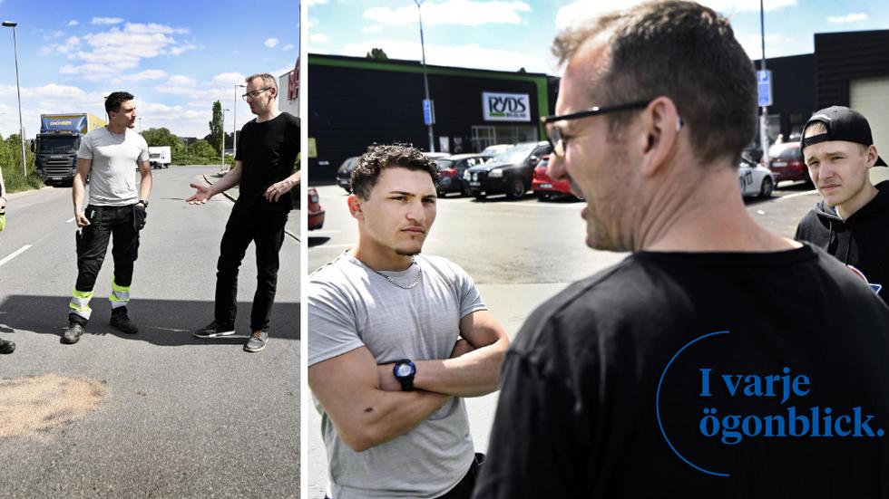 Aldin Awad och Damien Hammarström träffar Thomas Liliegren, två dagar efter olyckan. Foto: Robert Eriksson