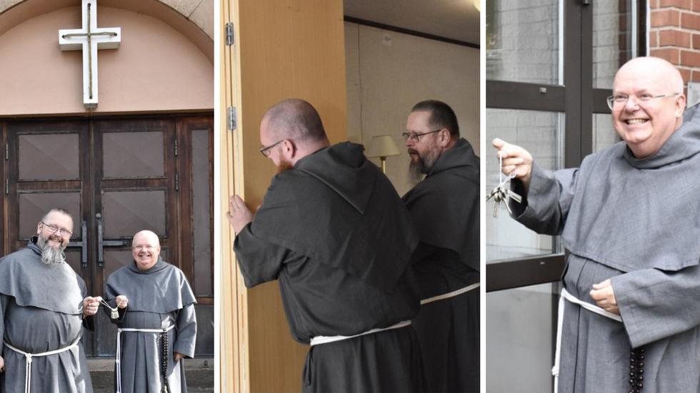 Det var glada miner när kyrkoheden pater Joseph Nilsson för första gången fick låsa upp dörrarna till Sankt Franciskus församlingens nya kyrka.