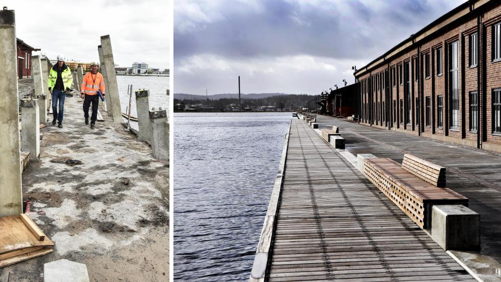 Till vänster en bild från hur det såg ut när arbetet inleddes 2019. Till höger ser man hur Munksjökajen ser ut i dag. 