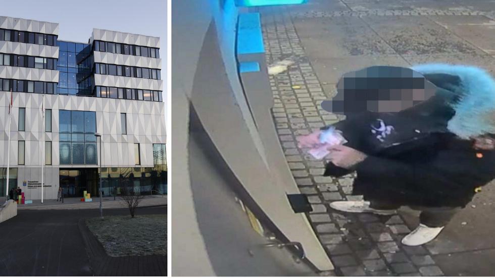 En bild från polisens förundersökning. En av de åtalade bröderna står vid en bankomat på Trädgårdsgatan i Jönköping och för över 84 000 kronor från en av männen som upplät sina bankID:n. Foto: Polisen