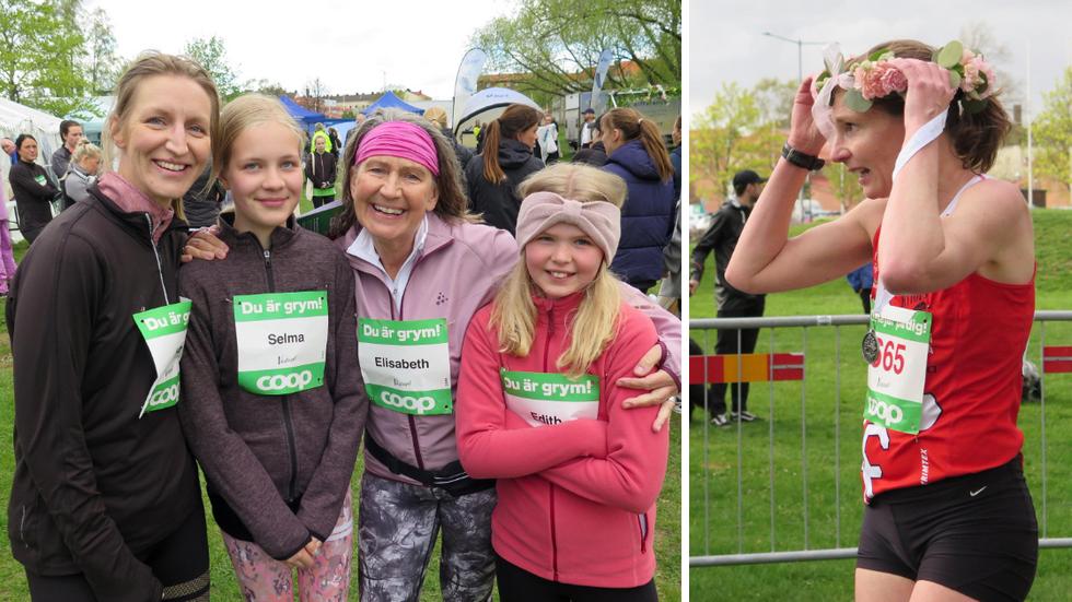 Till vänster ses tre generationer löpare: Lisa Lilliedahl, Selma Lilliedahl, Elisabeth Andersson och Celise Nohammar. Till höger kvällens snabbaste löpare: Jenny Johannesson från Mullsjö SOK med tiden 16.47 minuter. 