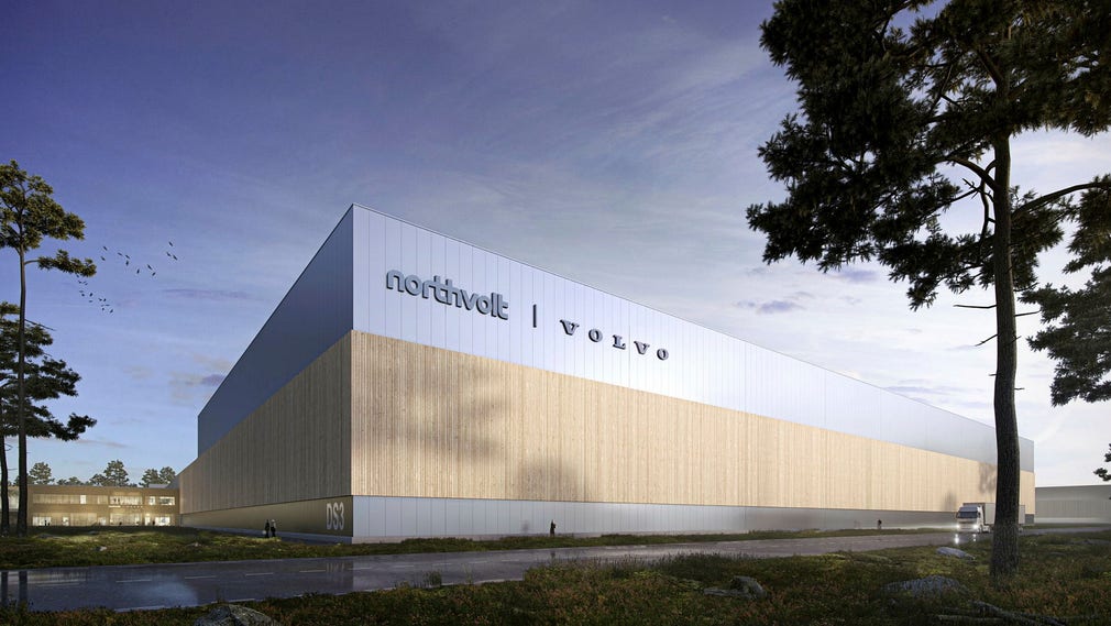En arkitektbild över hur en av byggnaderna i den planerade batterifabriken i Torslanda, Göteborg, kan komma att se ut.