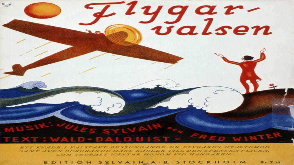 Notomslag till "Flygarvalsen", 1927, med musik av Fred Winther och Jules Sylvain och tet av Valdemar Dahlqvist, inspirerad av Charles Lindbergs Atlantflygning den 20-21 maj år 1927.