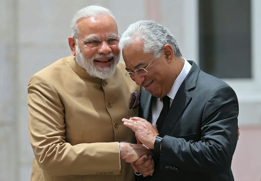 Indiens premiärminister Narendra Modi med António Costa under ett möte i Portugal 2017. Costas farfar kom från Goa i Indien.