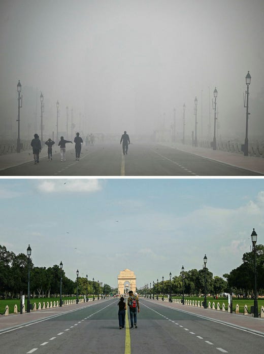 Det översta fotot visar fotgängare nära India Gate i New Delhi den 18 november. Och på den nedre bilden på samma plats under en klarblå himmel den 26 september i år.