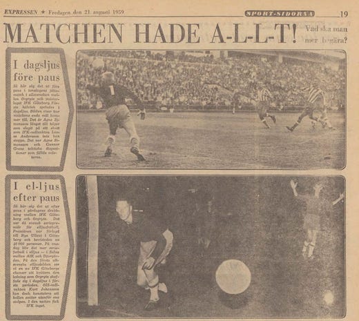 In two pictures, Expressen showed how the first half was played in daylight and the second in electric lights, after the first clear match in Sweden.