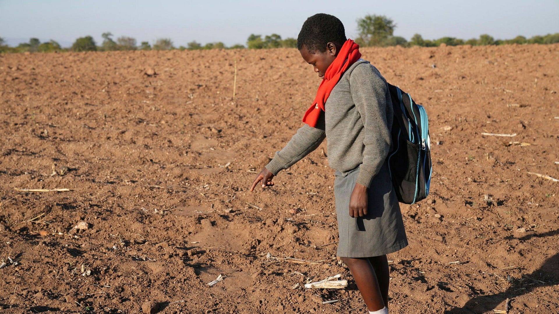 A girl learned to recognize large elephant tracks on the ground.