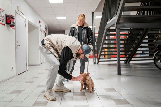 Alva Stark's partner, Anes Zekovic, who plays in the Högsbo men's team, greets the dog Ubbe.