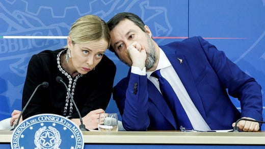 Prime Minister Giorgia Meloni, Brothers of Italy, with League leader Matteo Salvini.  He is Deputy Prime Minister and Minister of Transport in her government coalition.