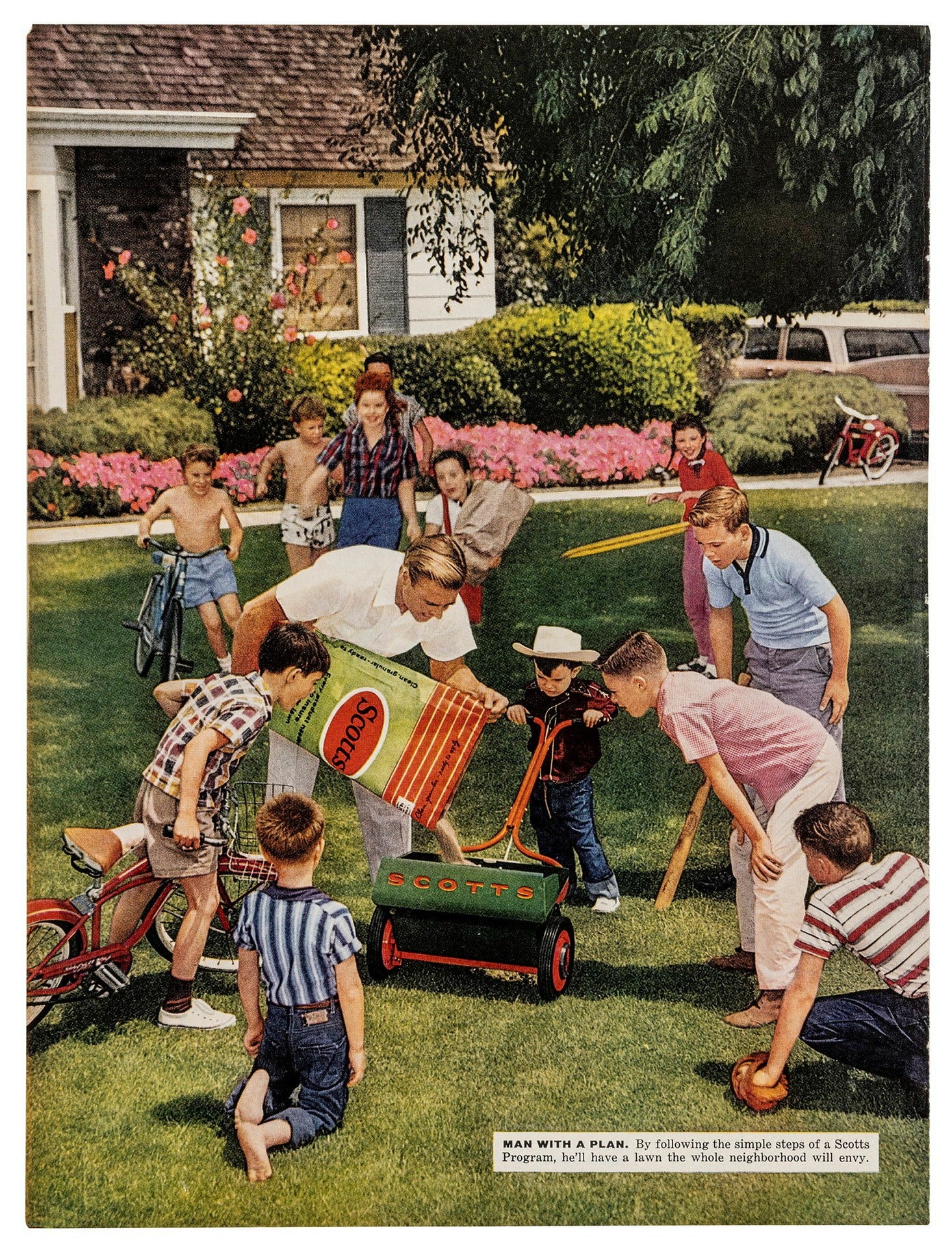 Reklam för O.M. Scotts & Sons skötsel av gräsmatta i Life Magazine 1959.