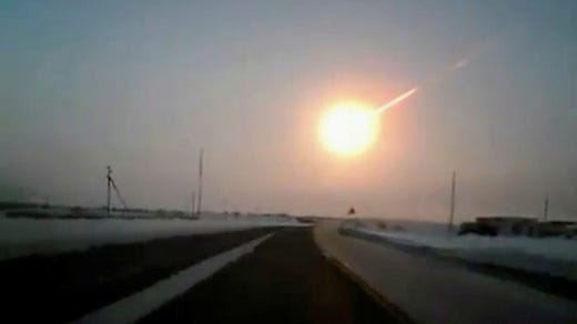 The meteorite that exploded above Chelyabinsk in Russia is believed to have weighed up to 10,000 tons before it exploded. The photo shows the explosion, which was caught from a car on the highway.