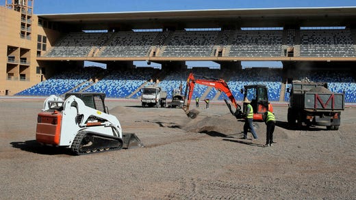 Arbete pågår på Marrakech Stadium – en av stadionerna i Marocko som kommer att stå värd för både 2025 års afrikanska mästerskap och 2030 världsmästerskap.