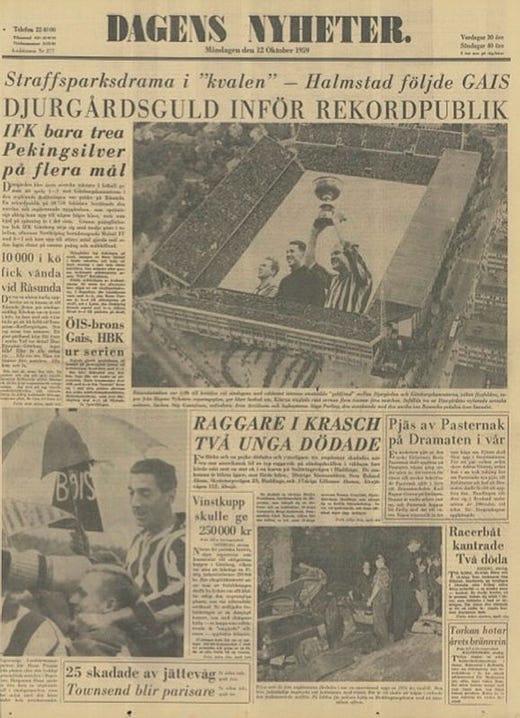 A DN report plane took an aerial photo of Råsunda and the hour-long queues outside. The picture was on the front page after the final round of the Allsvenskan in 1959.