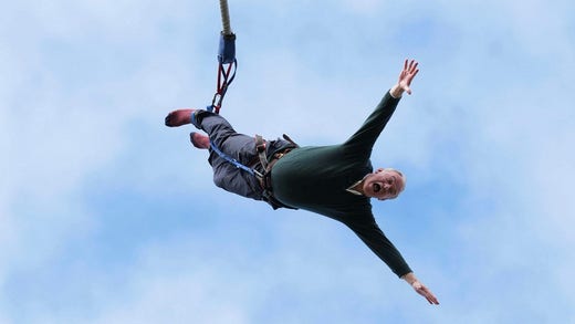 Liberal Democrat leader Ed Davey bungee jumps in an attempt to win votes in the election.