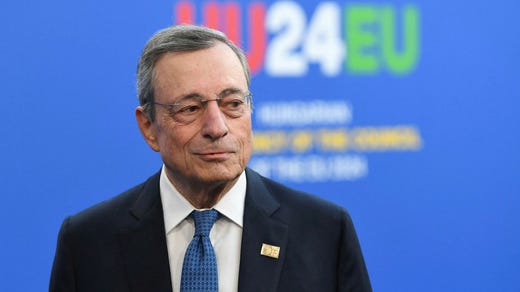 Tidigare ECB-chefen Mario Draghi under det informella EU-toppmötet i Budapest i början av november. Andemeningen i hans omsusade rapport om Europas konkurrenskraft är ”satsa – eller dö”.