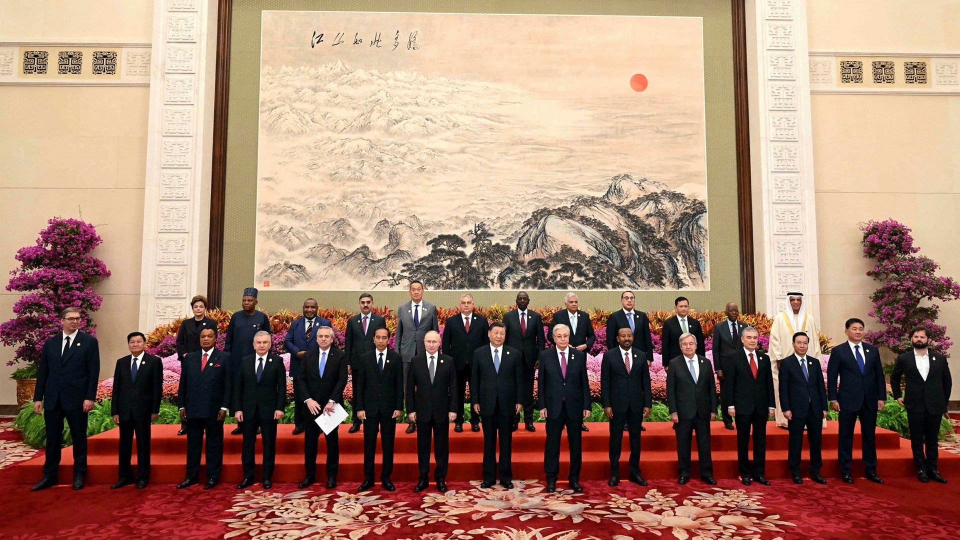 China's leader Xi Jinping poses for a group photo with other world leaders in connection with the meeting in Beijing marking ten years since China launched the giant infrastructure project New Silk Road. Around 130 leaders attended the meeting.