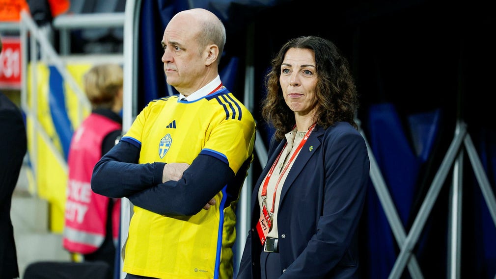 Svenska fotbollförbundets ordförande Fredrik Reinfeldt och generalsekreterare Andrea Möllerberg.