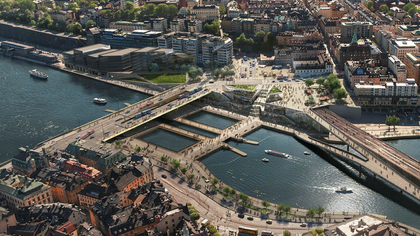 De låga broar som förbinder Södermalm med Gamla stan har kommit att kallas för Vattentorget. På bilden syns de strax under den så kallade Guldbron.