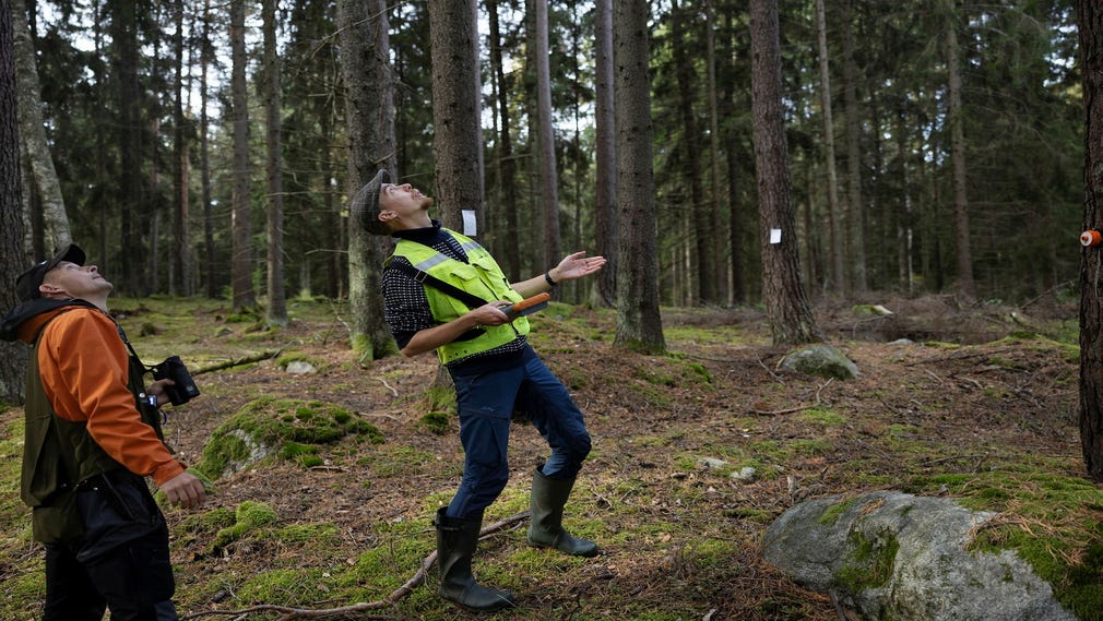 Mätningarna av kolupptaget i träden görs av SLU Riksskogstaxeringen, där Jonas Vesterlund (till vänster) arbetar som lagledare. För mätningarna av kolupptaget i marken ansvarar SLU Markinventeringen, där Christofer Engberg Hydén arbetar som miljöanalytiker.