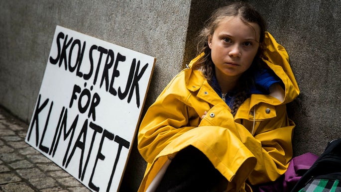 Den 15-åriga Greta Thunberg i skolstrejk för klimatet utanför riksdagen i augusti 2018. Hennes aktivism för palestinierna i Gaza får nu hennes kritiker äta upp, menar insändarskribenten.