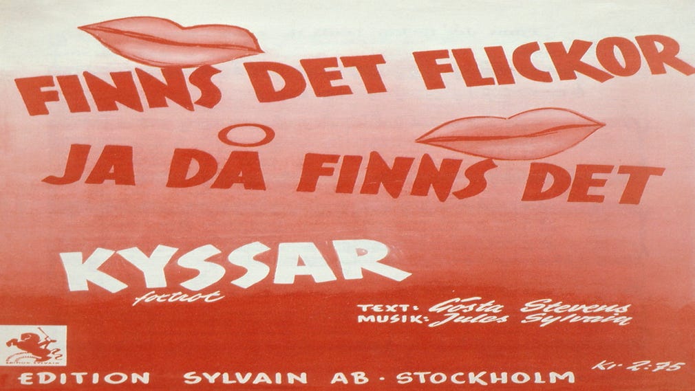 Notomslag till "Finns det flickor ja då finns det kyssar", sjömansvisa med musik av Jules Sylvain och text av Gösta Stevens 1930.