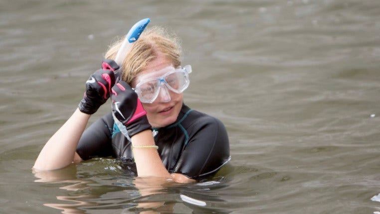 Frivilligorganisationen Rena Mälaren och staden, miljöborgarrådet Katarina Luhr, ordnade på lördagen en städdag i vattnet runt Årsta Holmar. Katarina Luhr hoppade själv i och dök.