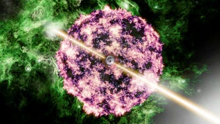 En illustration visar hur supernovan som gett upphov till den kraftfulla gammablixten som iakttogs 2022 skulle kunna sett ut.