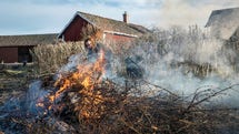 En kvinna eldar trädgårdsavfall tidig vår i Södermanland.