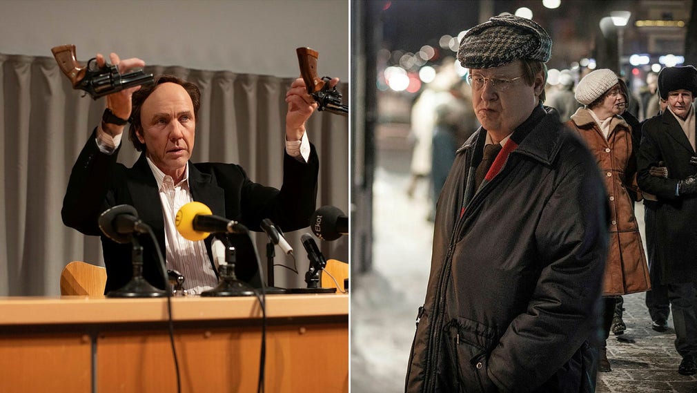 Mikael Persbrandt som Hans Holmer och Robert Gustafsson som den så kallade Skandiamannen i ”Den osannolika mördaren”.