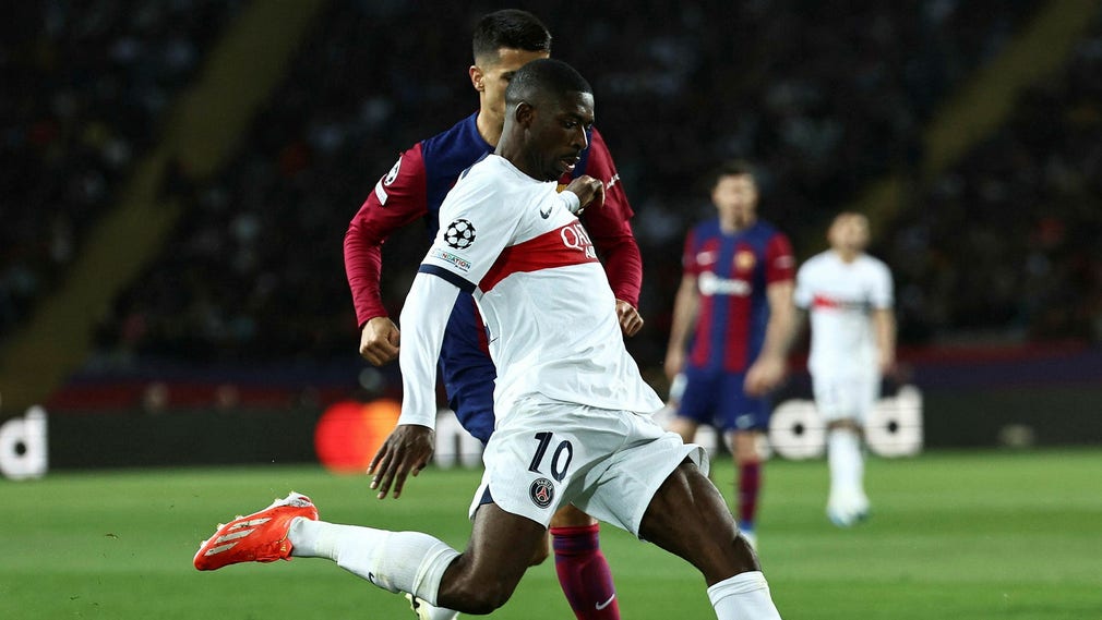 PSG:s Ousmane Dembele gjorde två mål och vann en straff i dubbelmötet mot anfallarens tidigare klubb Barcelona.