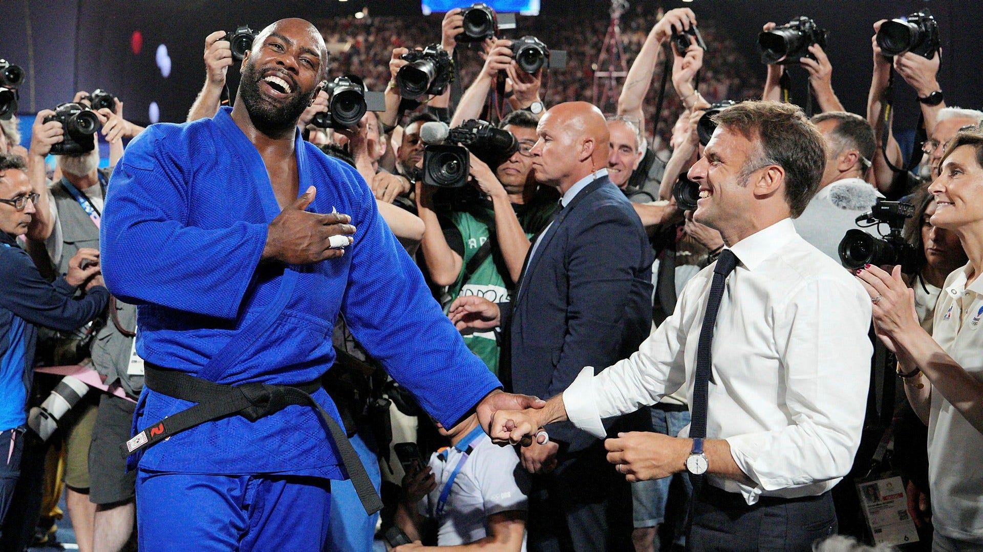 French President Emmanuel Macron with Teddy Riner who won the judo gold medal for France.