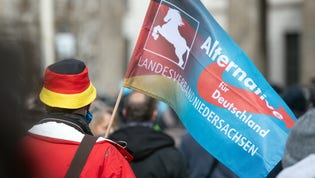 Vid en protest mot coronarestriktionerna i Tyskland håller en demonstrant upp en flagga för det högernationalistiska partiet AFD. Flera av partiets företrädare har anklagat regeringen för att utnyttja pandemin för att inskränka demokratin.