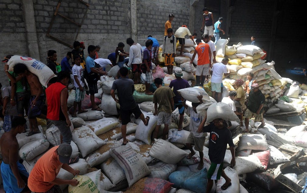 Tacloban-bor plundrar trasiga rissäckar från ett lager efter tyfonen.