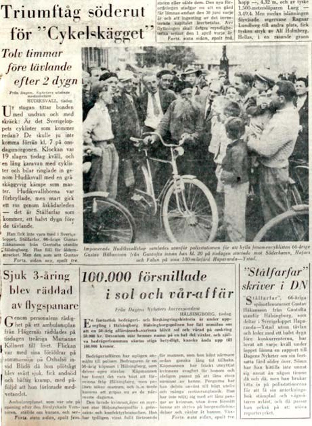 Artikeln om Stålfarfar i Hudiksvall i DN den 4 juli 1951.