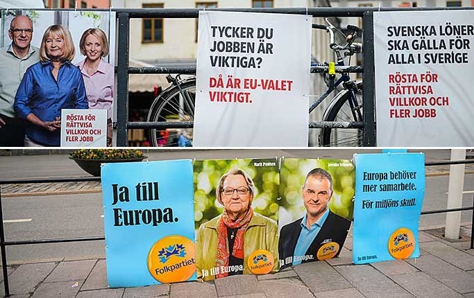 Valaffischer från Socialdemokraterna och Folkpartiet inför EU–valet.
