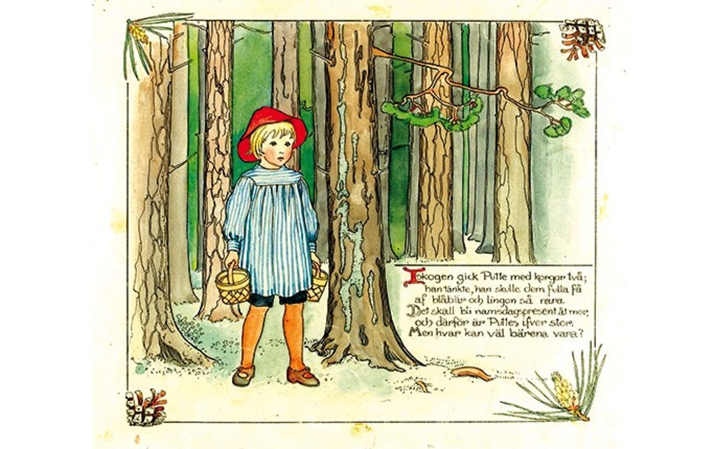 Elsa Beskows ”Puttes äventyr i blåbärsskogen” från 1901 ur essäsamlingen ”Blond och blåögd”.