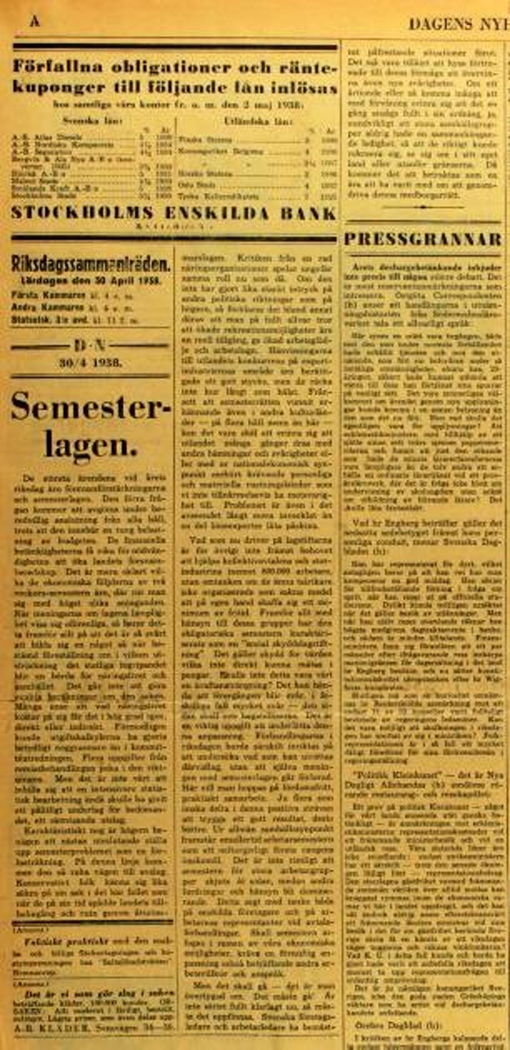Det tredje klippet är en artikel när semesterlagen infördes den 30 april 1938.