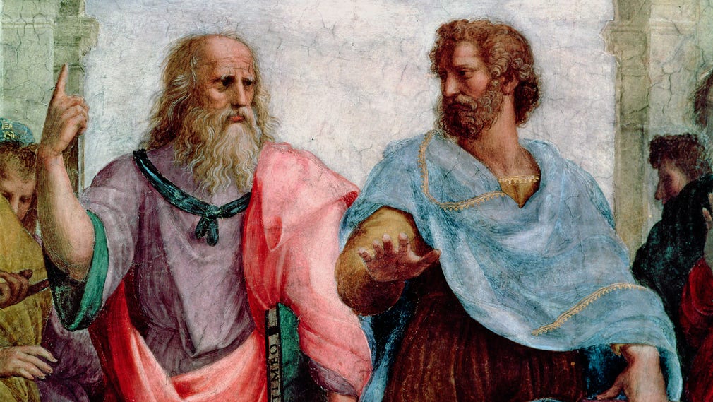 Platon och Aristoteles. Detalj ur Rafaels fresk ”Skolan i Aten” målad 1509–1511.
