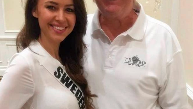Camilla Hansson tillsammans med republikanska presidentkandidaten Donalt Trump under Miss Universum-tävlingen i Miami 2015.