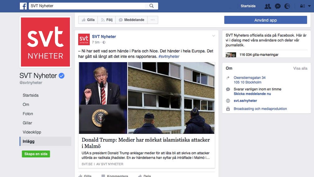 Den mest aktiva leverantören av innehåll till Facebook är SVT. På fyra orter i Sverige har onlinespecialister anställts med uppdraget att hjälpa SVTs journalister att göra deras nyheter virala, skriver artikelförfattarna. (Användarmedverkan på sidan ovan har av integritetsskäl redigerats bort.)