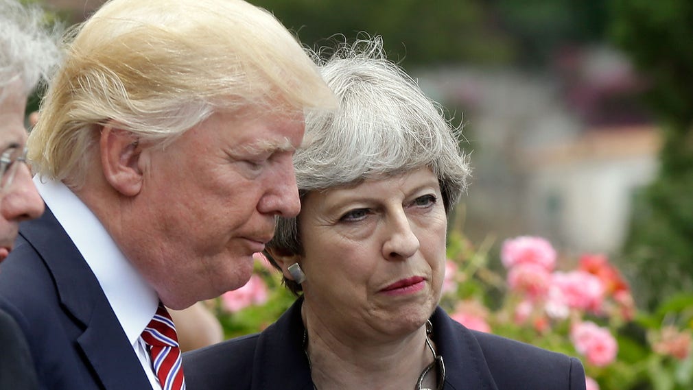 Donald Trump och Theresa May på G7-mötet i Italien i våras.